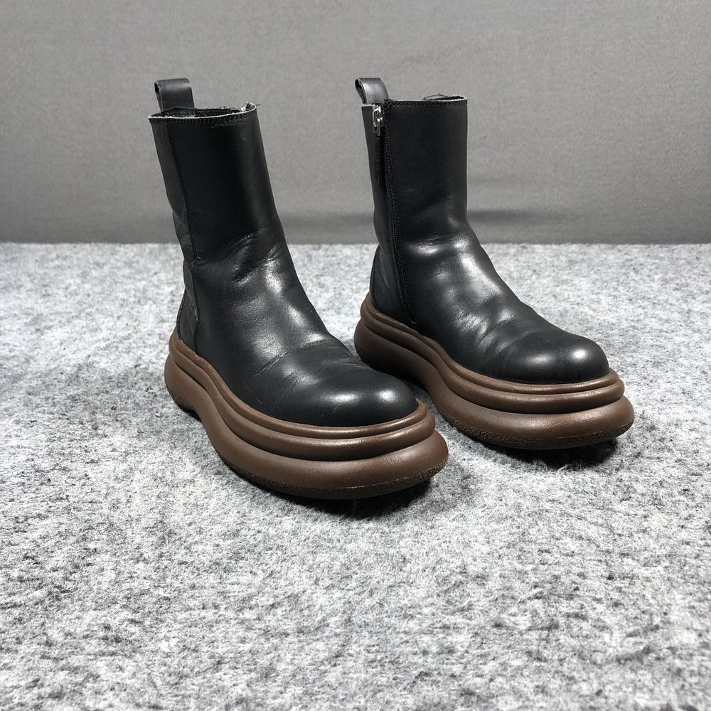Zara Platform Ankle Boots Womens 6.5 Black Leather Brown Sole Round Toe Zip